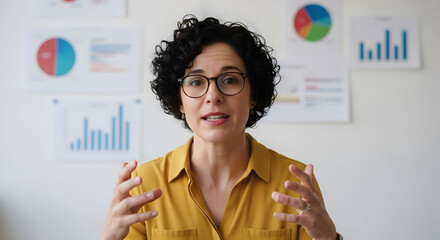 Confident businesswoman giving a presentation explaining business charts graphs data analytics marketing strategy