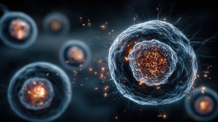 Minimalistic view of human cells damaged by carcinogenic chemicals in dark background