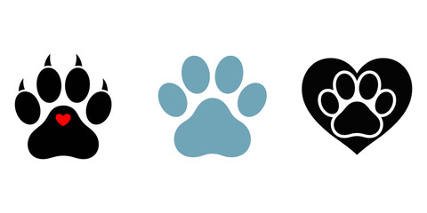 Pet paw editable stroke. footprints Pet paw, Heart with pet paw print dog cat icon, vector illustration, Paw icon set. Cat or dog paw icon silhouette vector illustration. Paw icon outline print