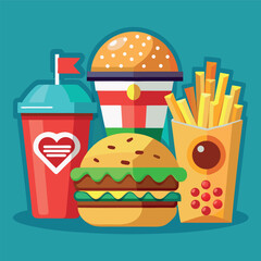 Illustrate a set of realistic fast-food icons—burger, fries, soda, pizza slice—with appealing shading and vibrant colors for menus or food apps.