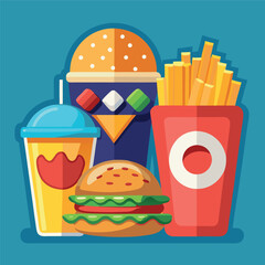 Illustrate a set of realistic fast-food icons—burger, fries, soda, pizza slice—with appealing shading and vibrant colors for menus 