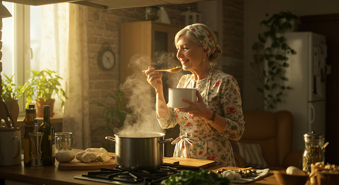 young woman in the kitchen, gas stove in kitchen, Close-up of silver frying pan on black stovetop in modern kitchen. Empty pan sits on stove near pot with food