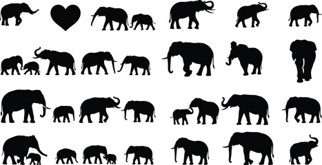 Elephant silhouette set, wildlife vector icons, animal family clipart, calf and adult poses, nature illustration bundle, heart symbol