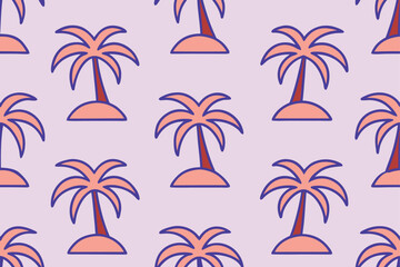 Obraz premium Tropical summer vacation seamless pattern with palms, sea shells, and ocean landscape silhouettes