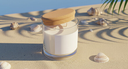 double wick scented candle with a smooth cork lid, blank white label, positioned on light beige sand with scattered seashells and palm leaf shadows, soft warm sunlight from the right side