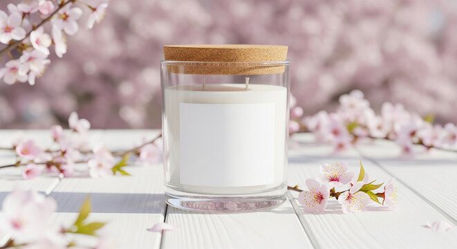 double wick scented candle with a smooth cork lid, placed centered on a clean white wooden tabletop surrounded by soft-focus cherry blossom branches and pastel petals, smell, decor, candles, fire, aro