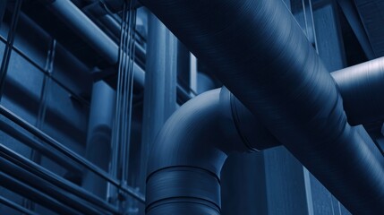 Naklejka premium Intricate network of blue industrial pipes and cables in a modern facility, showcasing advanced technology