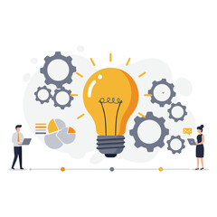 An illustration of a business innovation workflow, with a lightbulb at the center and people working around it.