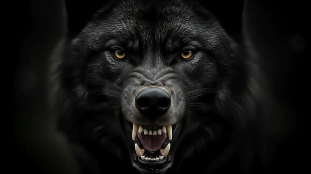 A powerful black wolf with piercing yellow eyes snarls intensely, showcasing its formidable fangs against a dark, mysterious background.
