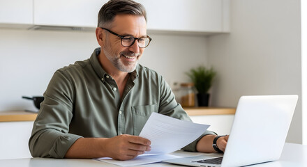 Middle aged man working from home reviewing documents on laptop smiling happy successful entrepreneur remote work freelance home office