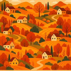 A vibrant illustration of a cozy village nestled among rolling hills during the autumn season.