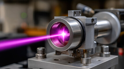 Fototapeta premium Close up of laser beam emitting from scientific apparatus in laboratory setting, showcasing precision and technology