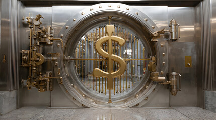 Fototapeta premium A large bank vault door with a golden dollar sign in the center of the circular opening and metal bars