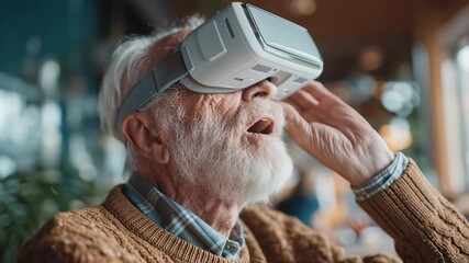 Senior man immersed in virtual reality technology, exploring new worlds with VR headset - Powered by Adobe