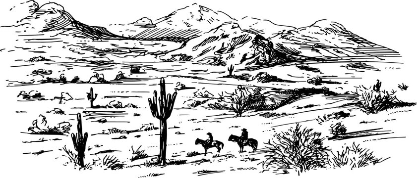 abstract design of American wild west desert with cowboys - hand drawn Black illustration. Ilustraciones del viejo oeste. PNG.JPG. VEKTOR