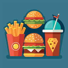 Illustrate a set of realistic fast-food icons—burger, fries, soda, pizza slice—with appealing shading and vibrant colors for menus or food apps.