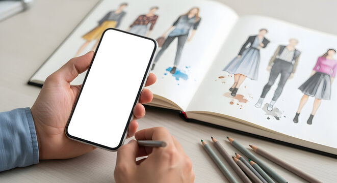 Fashion designer using smartphone app for design inspiration sketches style mockup blank screen modern technology - Powered by Adobe