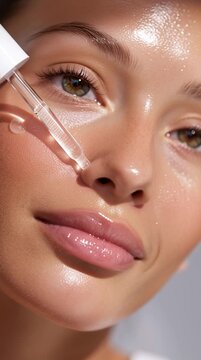  Close-up of a woman&rsquo;s face with luminous dewy skin. Radiant, healthy look in beauty and skincare style.
