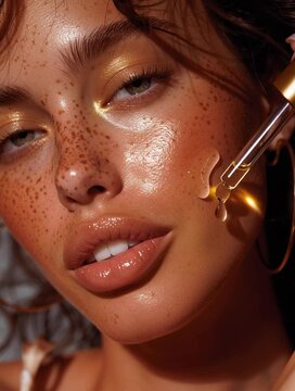 Close-up of a freckled woman applying skincare serum to her face with a dropper. Warm light highlights her natural beauty and healthy skin
