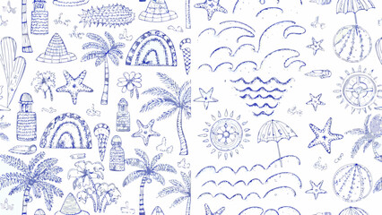 Delicate blue summer themed pattern featuring palm trees, suns, starfish, and beach elements design silhouette
