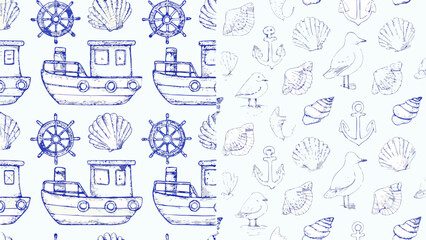Seamless nautical pattern featuring boats, steering wheels, shells, anchors, and seagulls sketch style silhouette