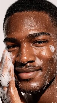Close-up of a man with dark skin cleansing his face with foaming cleanser. Men&rsquo;s grooming and skincare concept.
