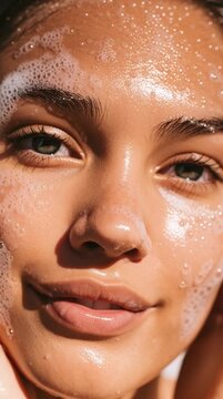 Close-up of a woman&rsquo;s wet face after cleansing. Fresh, clean beauty and skincare style.

