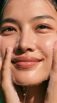 Close-up of an Asian woman smiling gently while touching her face. Natural beauty and wellness concept.
