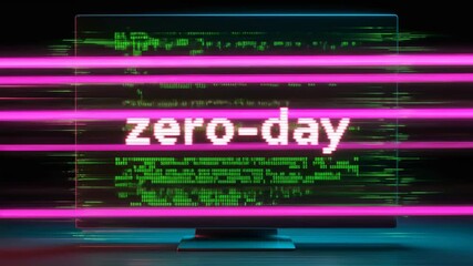 Zero day exploit text on glitching digital monitor with cyber security data stream