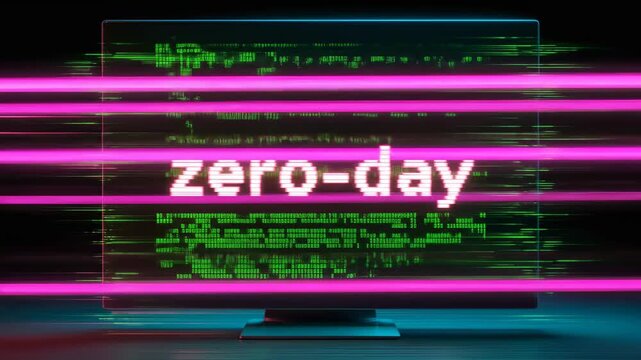 Zero day exploit text on glitching digital monitor with cyber security data stream