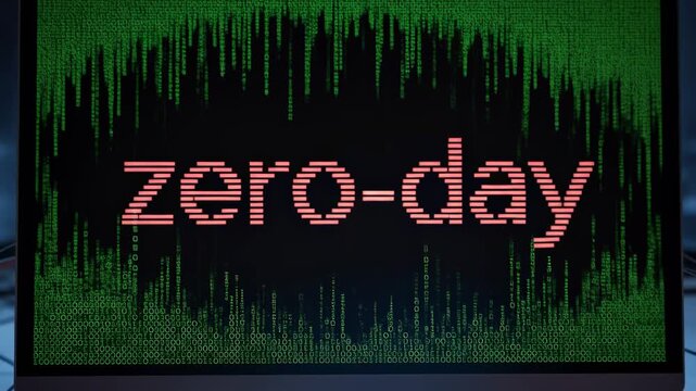 Zero day exploit text on computer screen with green binary code glitch background