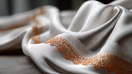 Intricate Orange Embroidery on Flowing White Cloth Simulation 8K transparent, sheer
