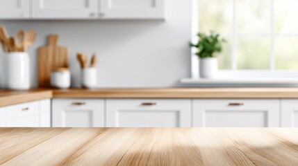 Empty wooden table in bright kitchen with blurred cabinets and sunlight, natural space for product placement.