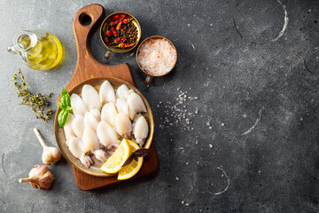 Raw mini cuttlefish on the plate and garlic, olive oil and lemon top view copy space for text