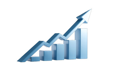 3D graphic of a rising bar graph.  Light blue, upward trend