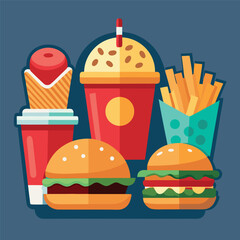 Illustrate a set of realistic fast-food icons—burger, fries, soda, pizza slice—with appealing shading and vibrant colors for menus 