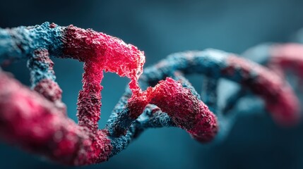 Broken DNA helix model with neon red strand against a cyan background isolated on white