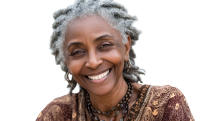 A Black senior woman with natural grey locs smiling warmly