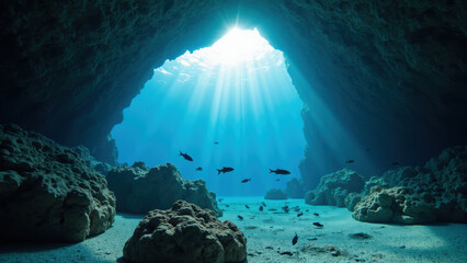 Beneath ocean surface, stunning underwater cave reveals vibrant light rays illuminating tranquil scene, with fish swimming gracefully