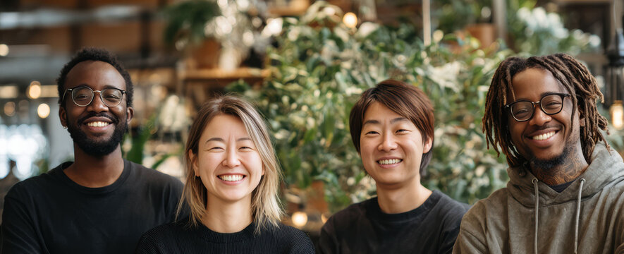 Business people from various backgrounds come together, showing unity and success in workplace, with smiles in supportive team building moment.