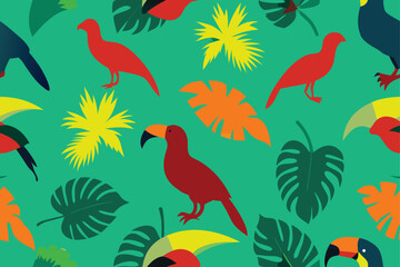 Seamless pattern with colorful cartoon birds and flowers on a branch for a tropical floral vector design