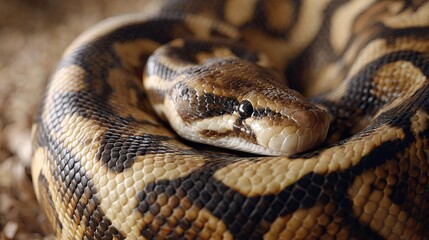 Fototapeta premium Close up view of coiled python's head and patterned scales showcasing intricate textures and earthy tones