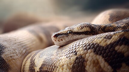 Fototapeta premium Close up view of detailed patterned python snake's head resting on its coiled body