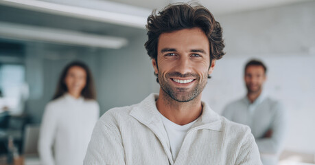 Business people from various backgrounds come together, showing unity and success in workplace, with smiles in supportive team building moment.