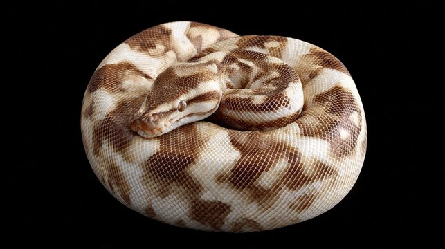 coiled ball python exhibits intricate brown and cream patterned scales against  stark black background