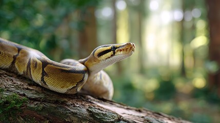 Detailed close up of  python's patterned body and head resting on  mossy tree branch in  soft focus forest setting