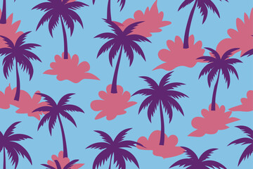 Tropical beach with palm trees silhouettes at sunset