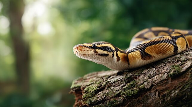 Detailed close up of  Python snake coiled on  mossy tree branch with  soft green forest background