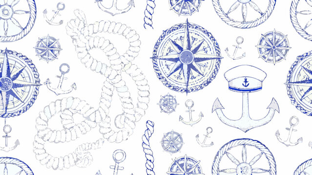 Fototapeta Seamless nautical pattern featuring compasses anchors ropes and ship wheels in a repeating design style silhouette