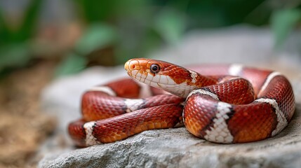 Obraz premium Close up detailed view of coiled scarlet king snake with striking red white and black banded pattern resting on textured rock surface